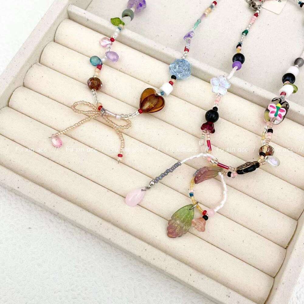 Dopamine Colorful Bow Necklace Light High-end Choker Collarbone Fashion Hand-painted Butterfly Heart Neck Chain e5f