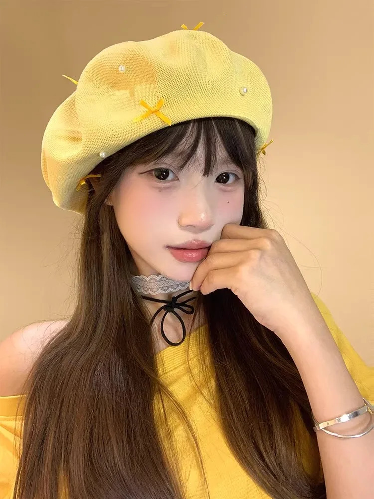 Korean sweet bow yellow beret womens summer thin cut hollow breathable face enhancing small artist hat sboy hat 250730