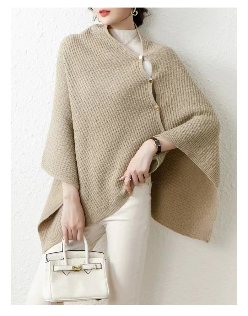 Warm Knitted Plain Color Scarf Thick Single Breasted Wool Shawl Wrap Women Cape Open Side Woven Cardigan Poncho Stole 250729