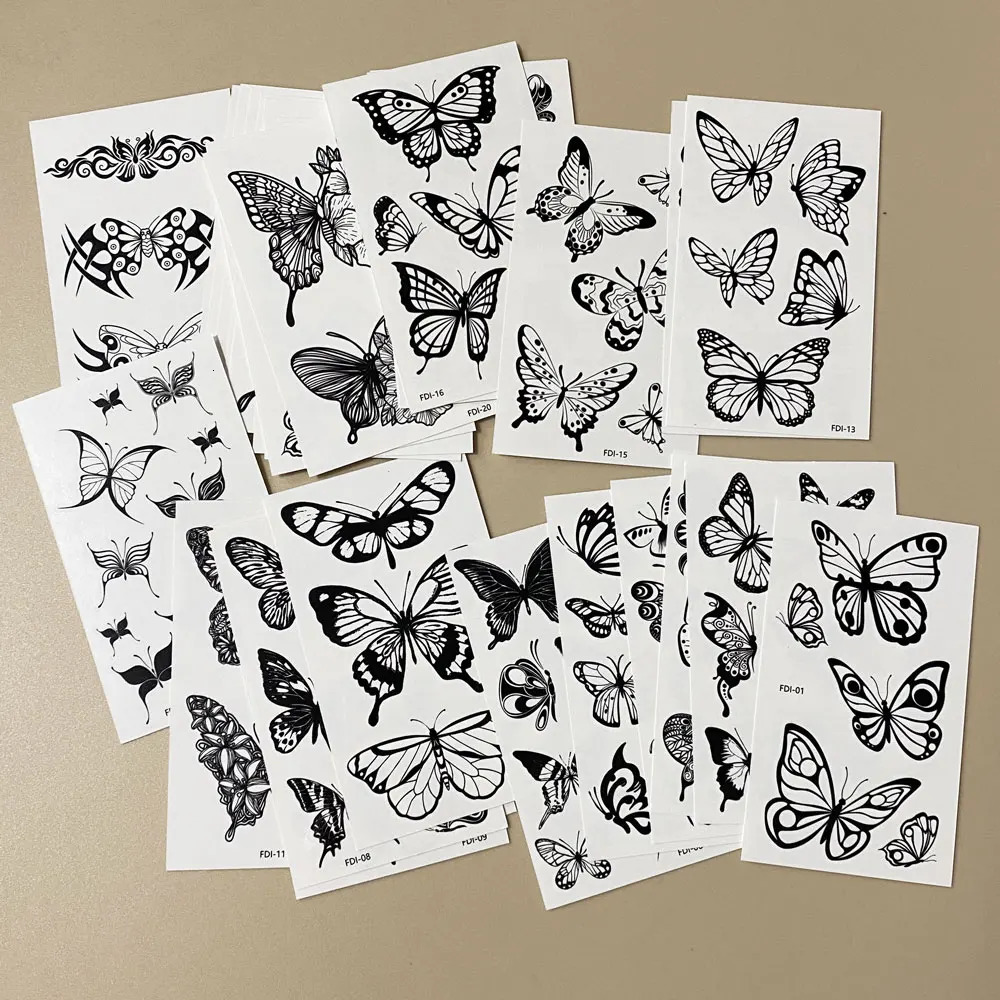 30Pcs Black Flower Tattoo Stickers Butterfly Rose Moon Star Small Temporary Tattoos Mandala for Hand Body Chest 250731