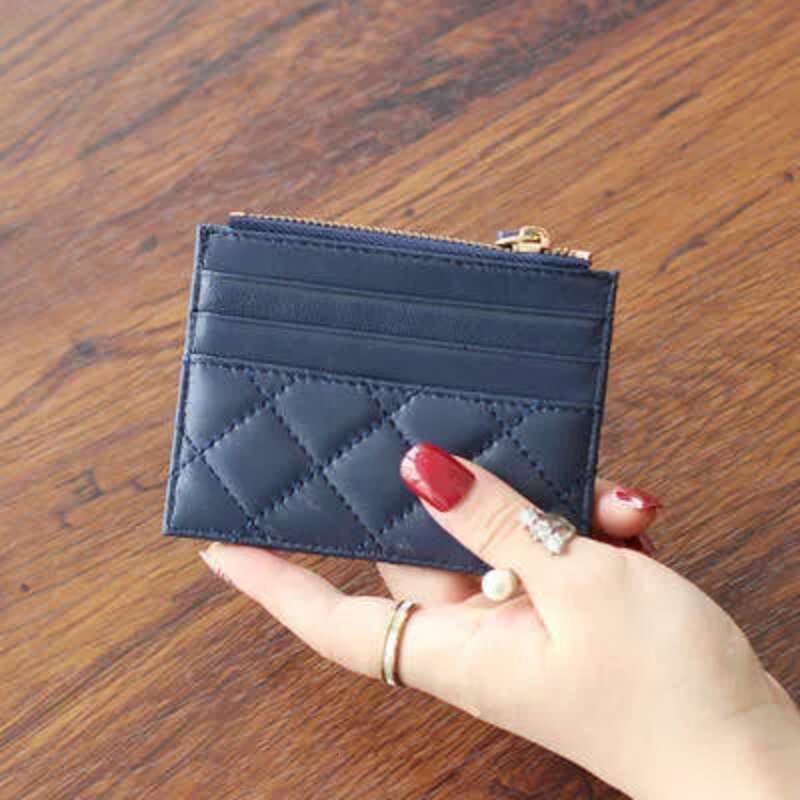 Card Holder Soft Lambskin Short Wallet Small Style Quilted New Ultra-thin Genuine Leather Zipper Mini Coin Purse for Women Men