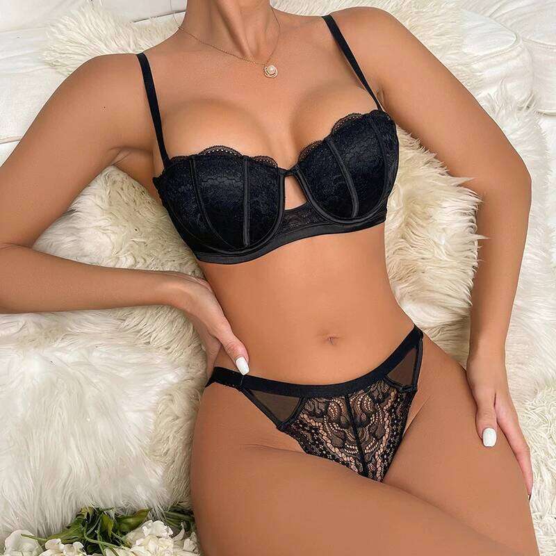 Women Floral with Lace Bra Panty Lingerie Set Push up Fashion Sexy Gather Black Underwear