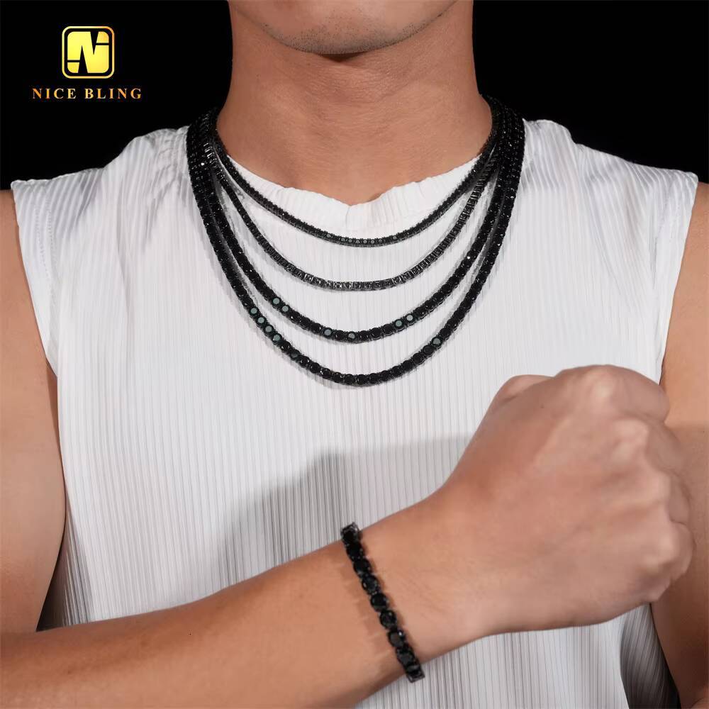 In Stock Factory Price 925 Sterling Silver Hip Hop Jewelry Bracelet Necklace Iced Out Black VVS Moissanite Diamond Tennis Chain