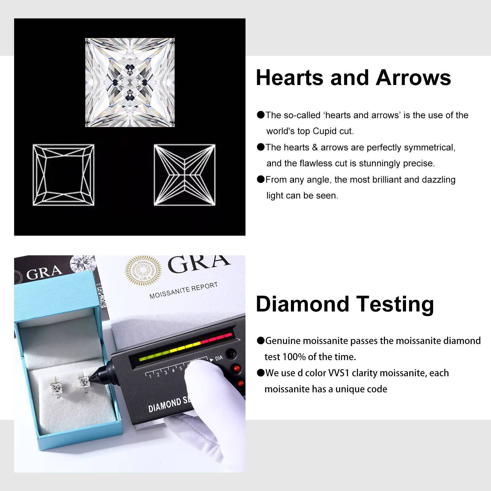 Fashion 0.6-1.2ct 18K White Gold Plated 925 Sterling Silver Princess Cut VVS Moissanite Diamond Solitaire Stud Earrings