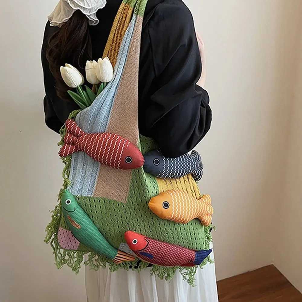 Leisure Summer Cotten Crochet Shoulder Bag Large Capacity Fish Tassels Beach Handbag Fashion Handbag Tote Bag Women Y250730