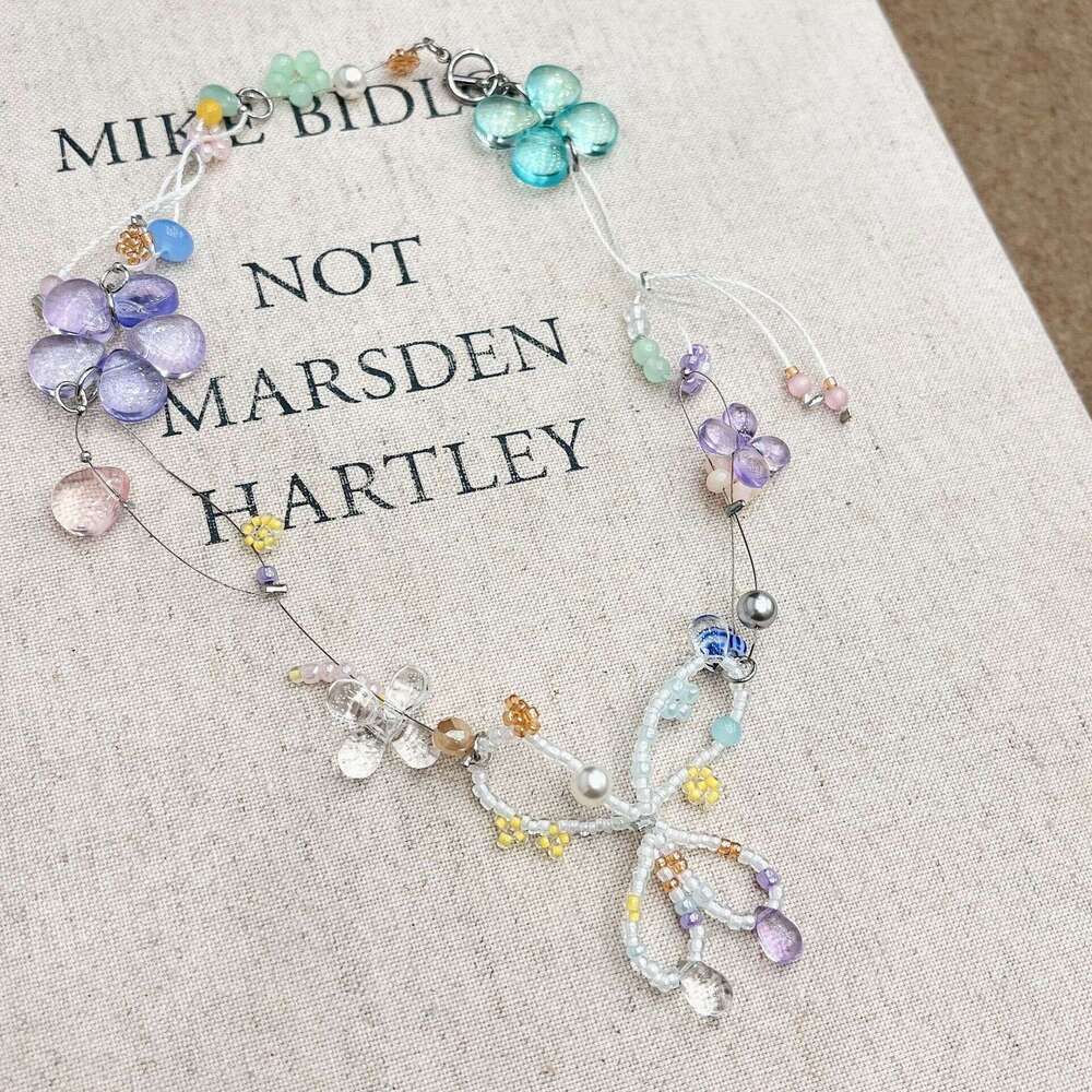 Girlish Summer Colorful Crystal Beaded Flower Bow Ballet Style Women's Collarbone Chain Necklace Niche Versatile aaa