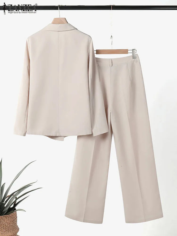 ZANZEA Korean Fashion Blazer Tops 2pcs Suits Autumn Solid Color Women Elegant Pant Sets Trousers Commute 250731