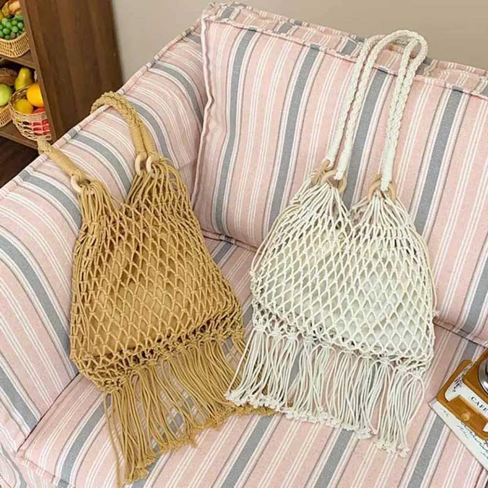 Hollow Out Cotton Thread Woven Bag Tote Bag Bohemian Style Tassel Beach Bag Beach Handbag Bucket Bag Hollow Shoulder Bag Summer Y250730