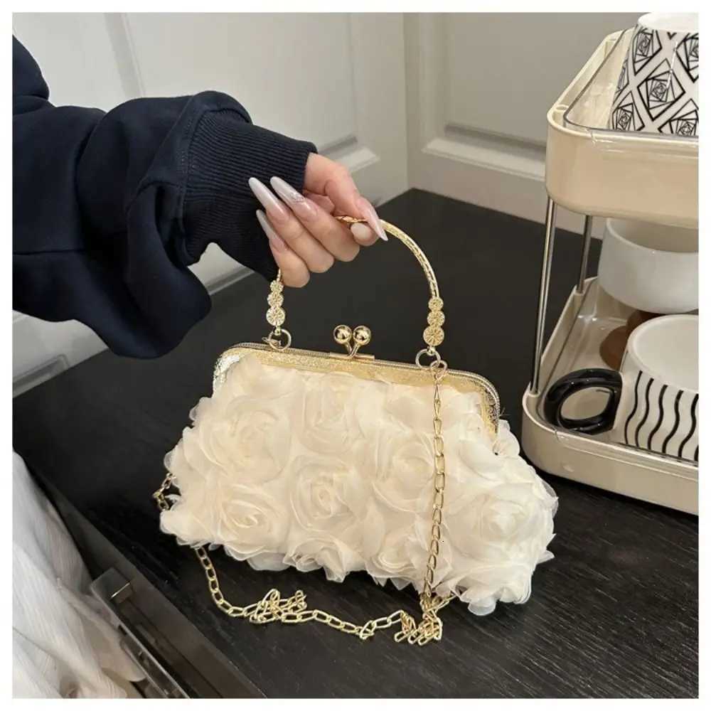 Polyester Fiber Evening Bags Chiffon 3D Flower Banquet Bag Chain Clutch Handbag Women Y250730