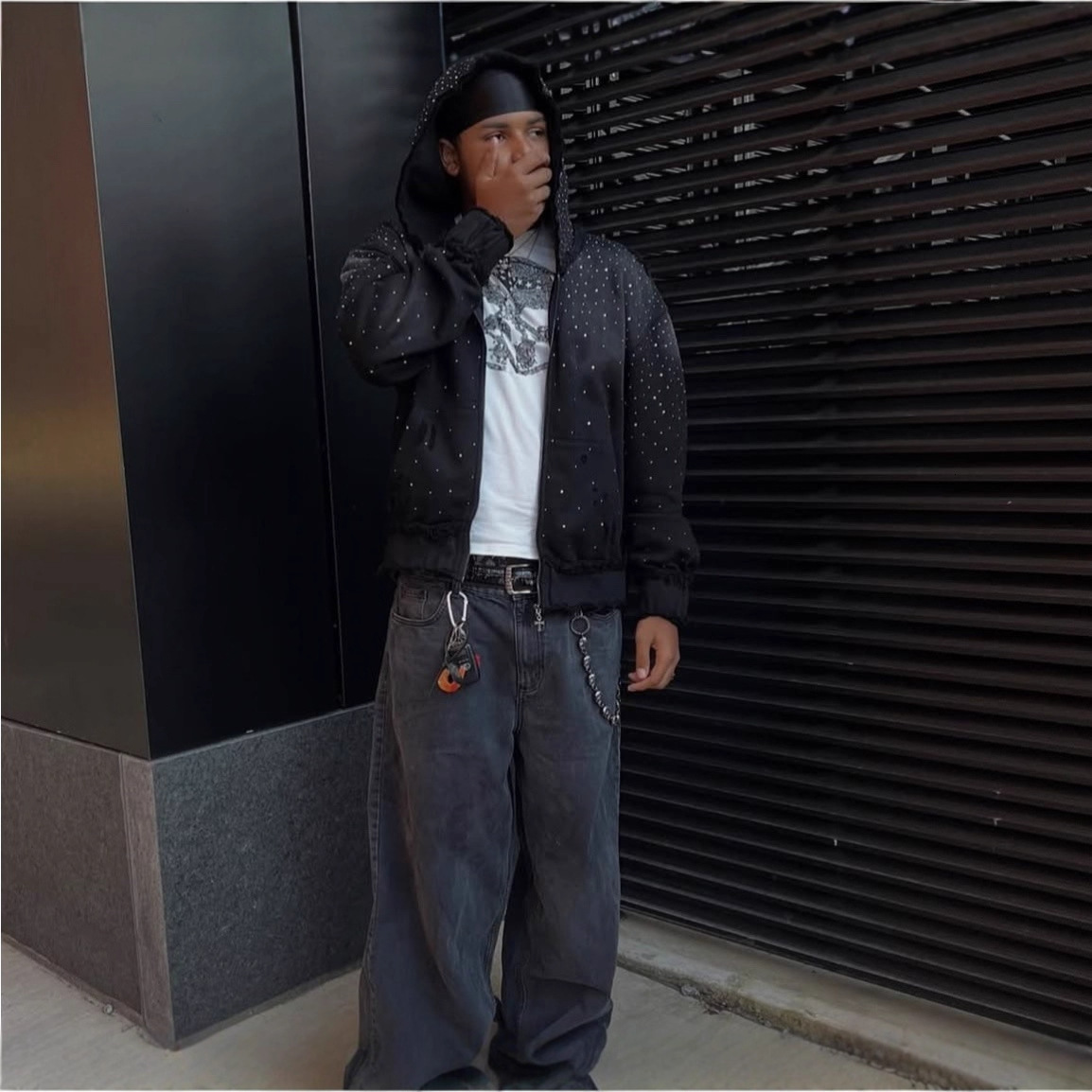 Autumn Winter Trendy Starry Sky Rhinestone Hooded Zipper Sweatshirt Men's Street Hip Hop Loose Jacket