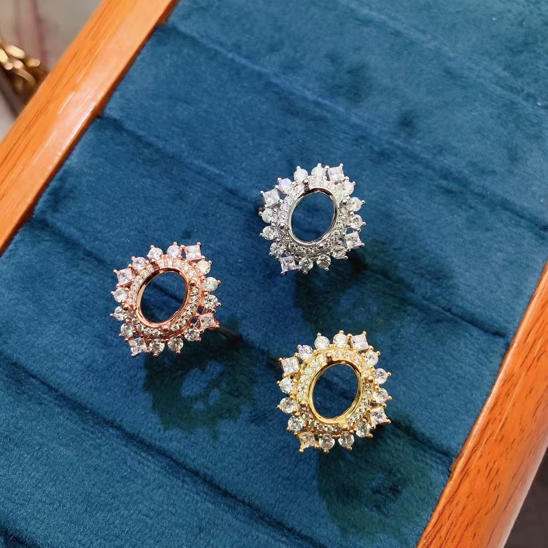 Sparkling 925 silver ring setting 7mm*9mm oval gemstone semi mount ring with 3 layers 18K gold plating keep shining