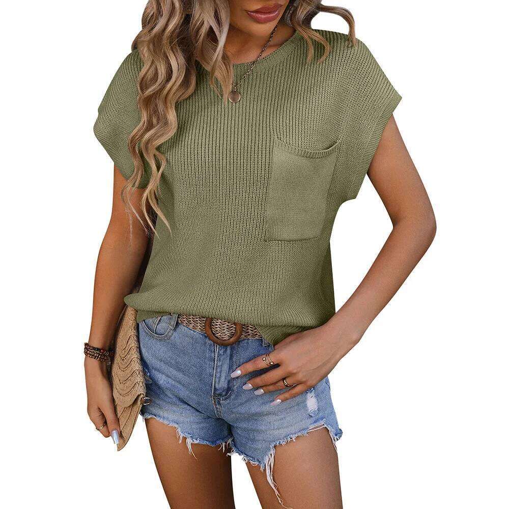 Designer Clothing 2025 Spring Summer Women Sweater T-Shirt Female Knitted Pocket O-Neck Tops Women's Casual Loose Short Sleeve Knitwears Pullover