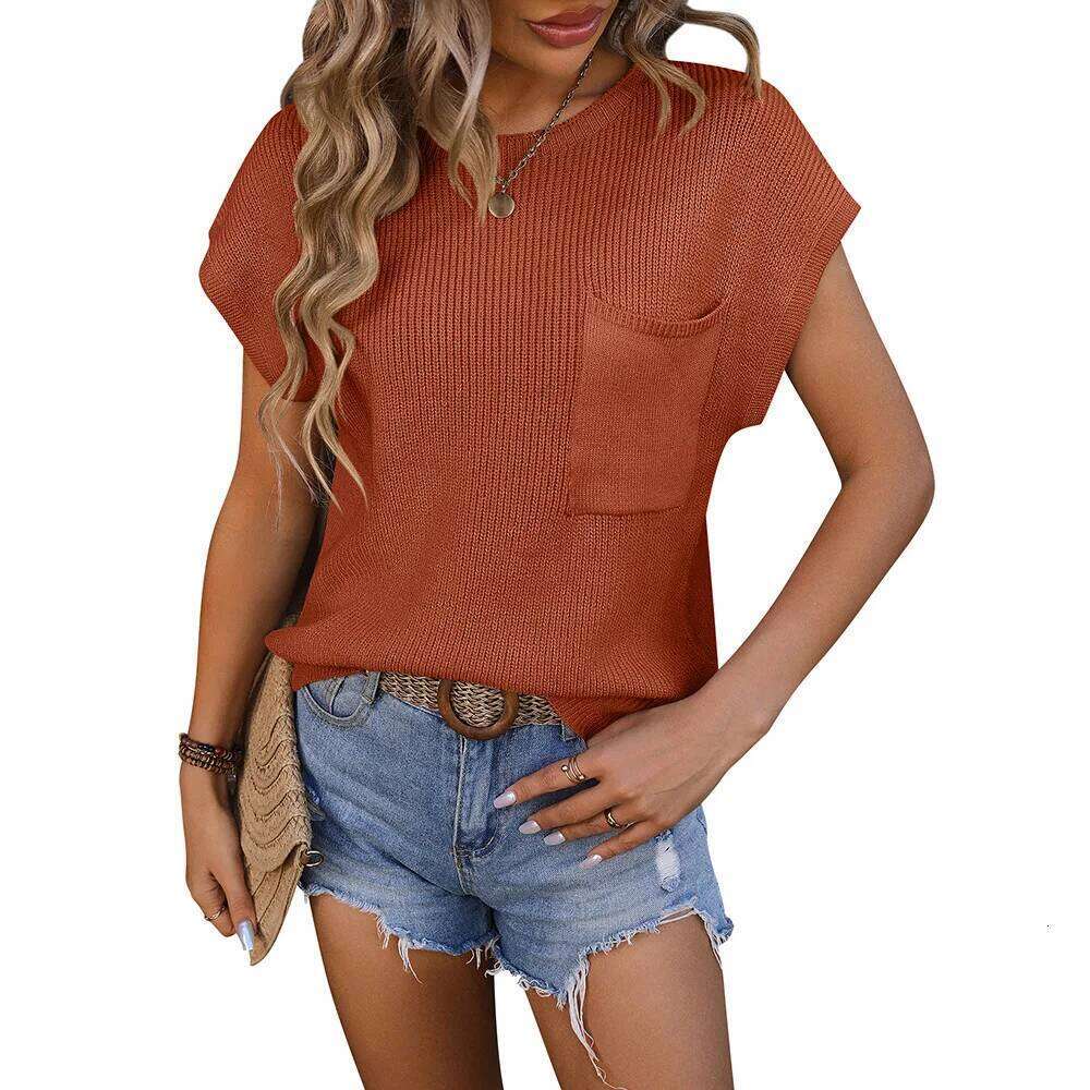 Designer Clothing 2025 Spring Summer Women Sweater T-Shirt Female Knitted Pocket O-Neck Tops Women's Casual Loose Short Sleeve Knitwears Pullover