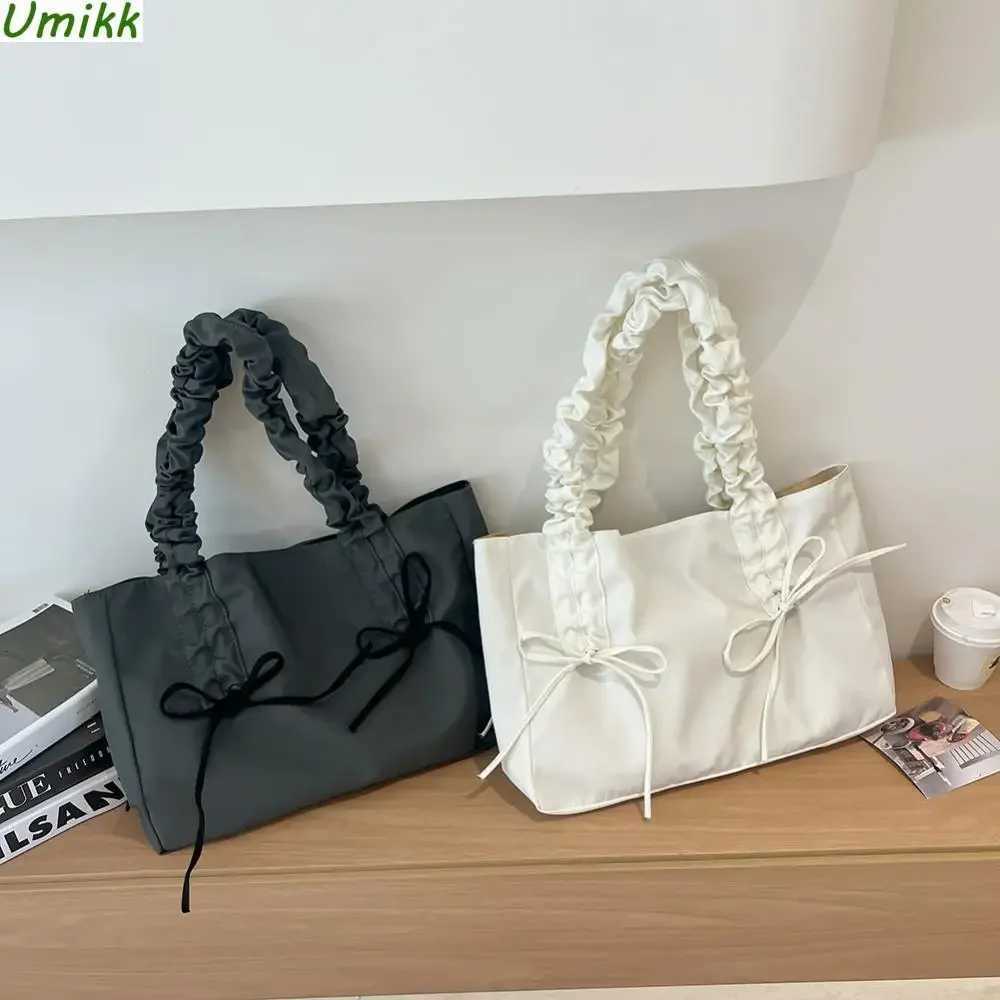 Women Nylon Tote Bag Fashion Shoulder Bag Large Capacity with Bow Trendy Messenger Bag Pleated Shoulder Strap Chic Hobo Bag Y250730