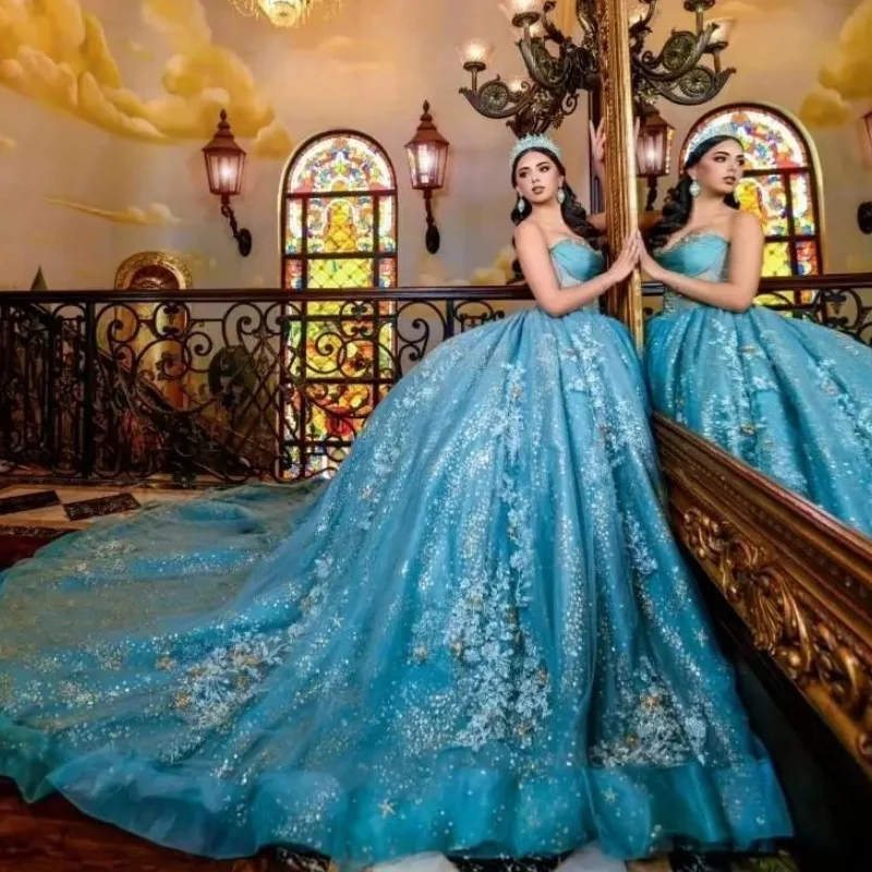 Water Blue Shiny Ball Gown Quinceanera Dresses Applique Lace Beading Crystal Tull Birthday Party Sweet 16 Dress Vestidos De 15 Anos