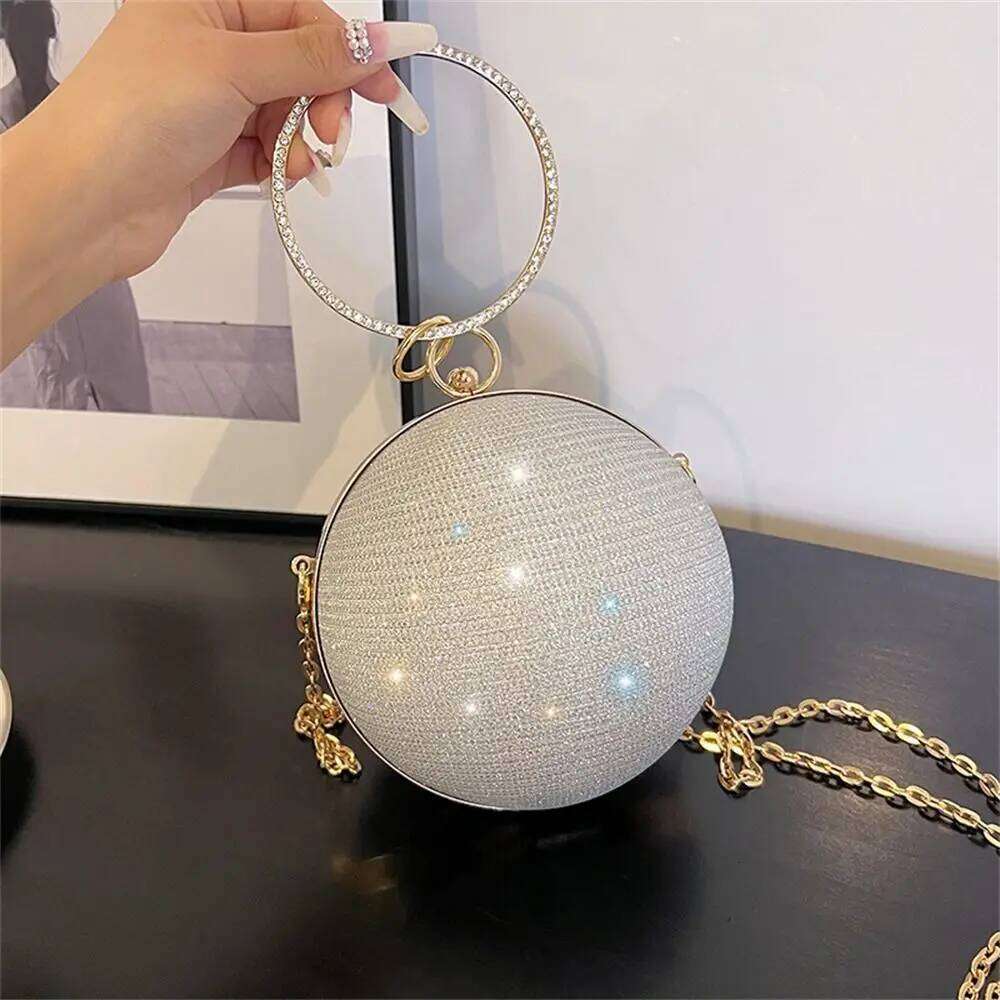 Gold Bright Silk Circular Evening Bag Women Banquet Clutch Rhinestone Decor Chain Shoulder Bags Female Party Handbags