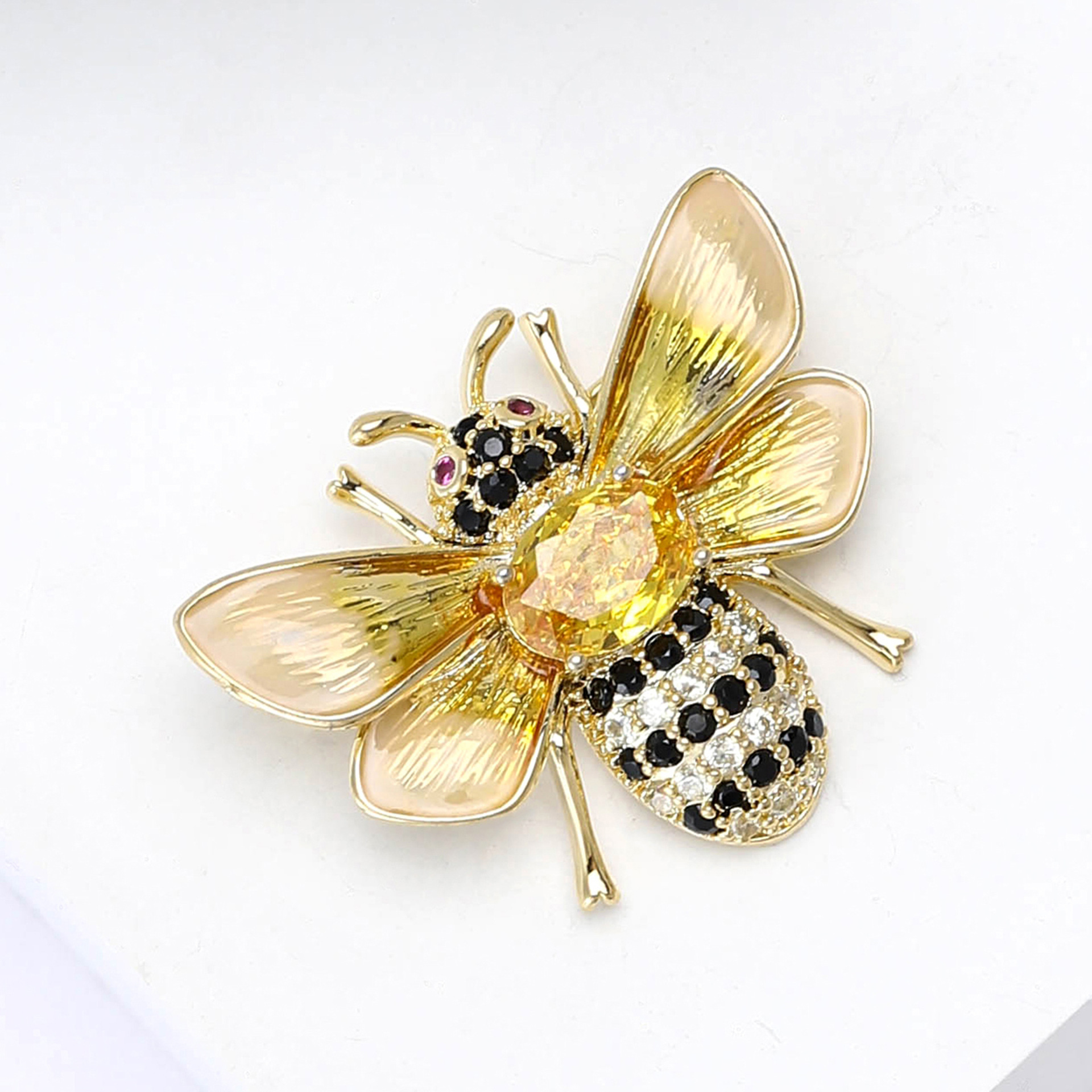 Gold Tone Rhinestone - Bee Brooch With Yellow Gemstone, Black Onyx And Pearl Accents Nature - Inspired Jewelry And Gift For Him/Her High Quality And S