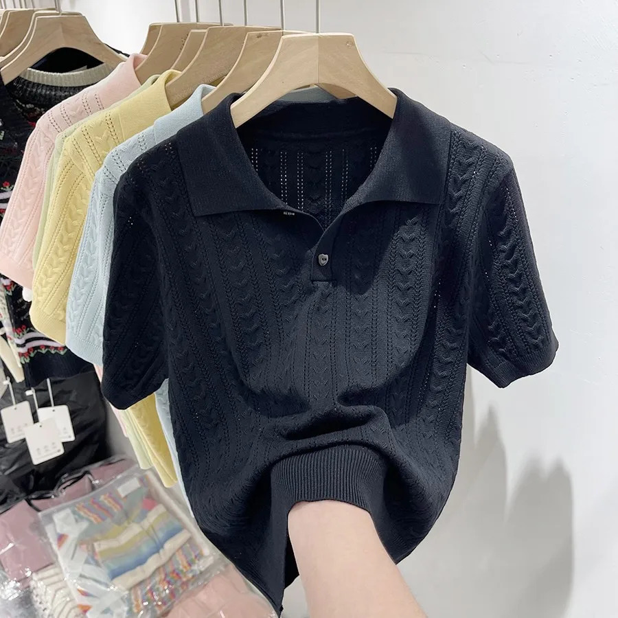 Summer Soft and Sticky POLO Collar Ice Silk Knitted Sweater for Women with A Niche Short Sleeved n Thin Top 250729