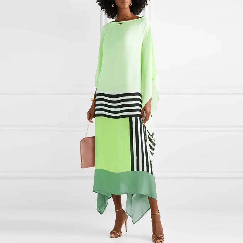 Candy Stripe Print Patchwork Kaftan Dresses Womens Spring Round Neck Irregular Long Summer Batwing Sleeve Boho Maxi Dress