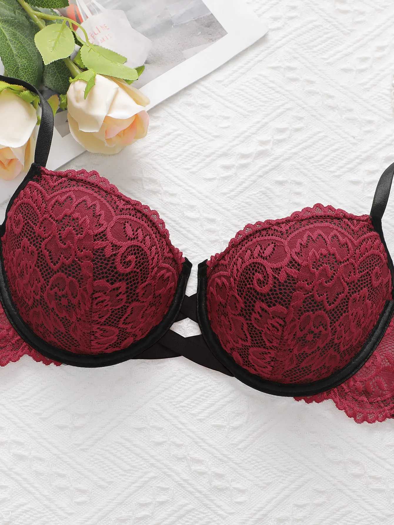 Cross Hollow Steel Ring Bra Red Lace Womens Sexy Underwear Spring and Summer New Products J2485 Z250730