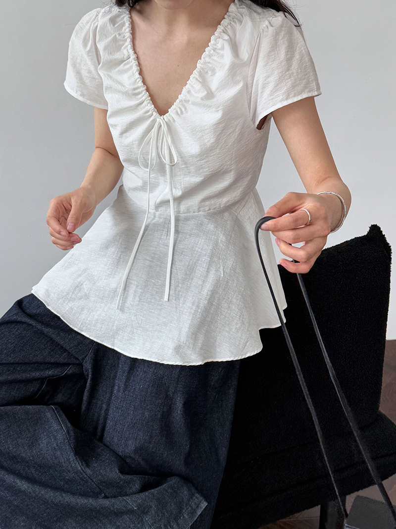 2025 French retro V-neck ruffled tie shirt short sleeved women's summer new waistband T-shirt top women's shirt new designer T-shirt