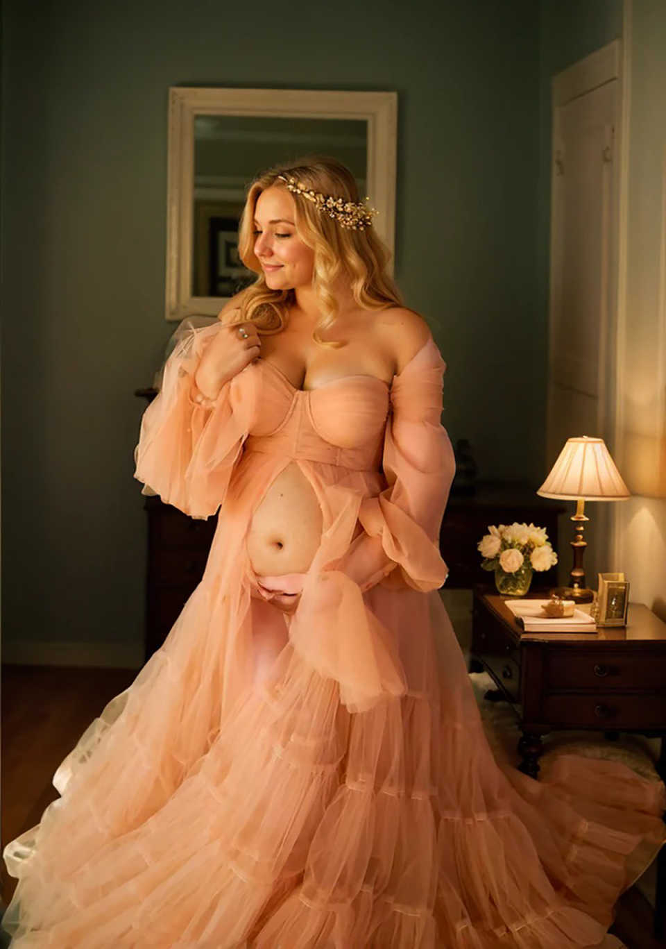 Multi-layer Maternity Dresses For Photoshoot Tulle Strapless Long Sleeves Wedding Bridal Sleepwear BabyShower Gown Customized