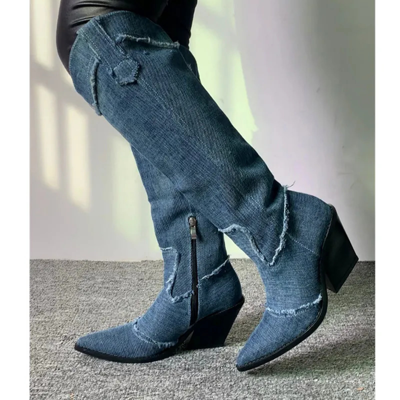 2025 Style Denim Boots For Womens High Boots Crystal Fringe Chunky Heels Shoes Retro Ladies Slip-on Chelsea Boots 250729