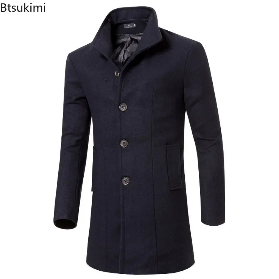 2025 Mens Warm Woolen Trench Jacket Solid Slim Woollen Coats Male Fashion Windproof Stand Collar Long Outwear for Men 250729