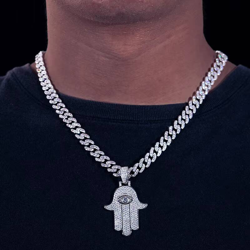 In Stock Dropshipping Hip Hop Jewelry 925 Sterling Silver VVS Moissanite Diamond Iced Out Hamsa Hand Pendant for Men Women