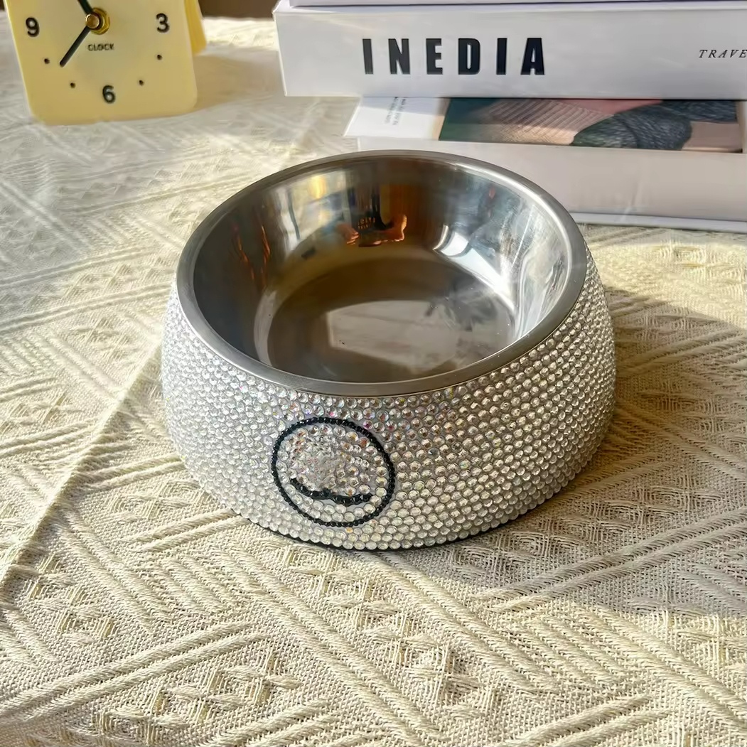 Dog Bowls Stainless Steel Pet Bowls with Bling Rhinestones Pet Diamond Bowls Food Water Feeder with Non-Skid Rubber Base for Puppy Cats Dogs CH319