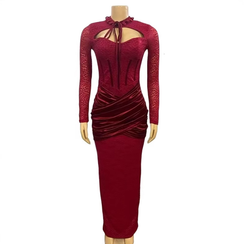 New Half-high Collar Lace-up Stitching Low-cut Sexy Hip-hugging Long-sleeved Dress Evening Dress