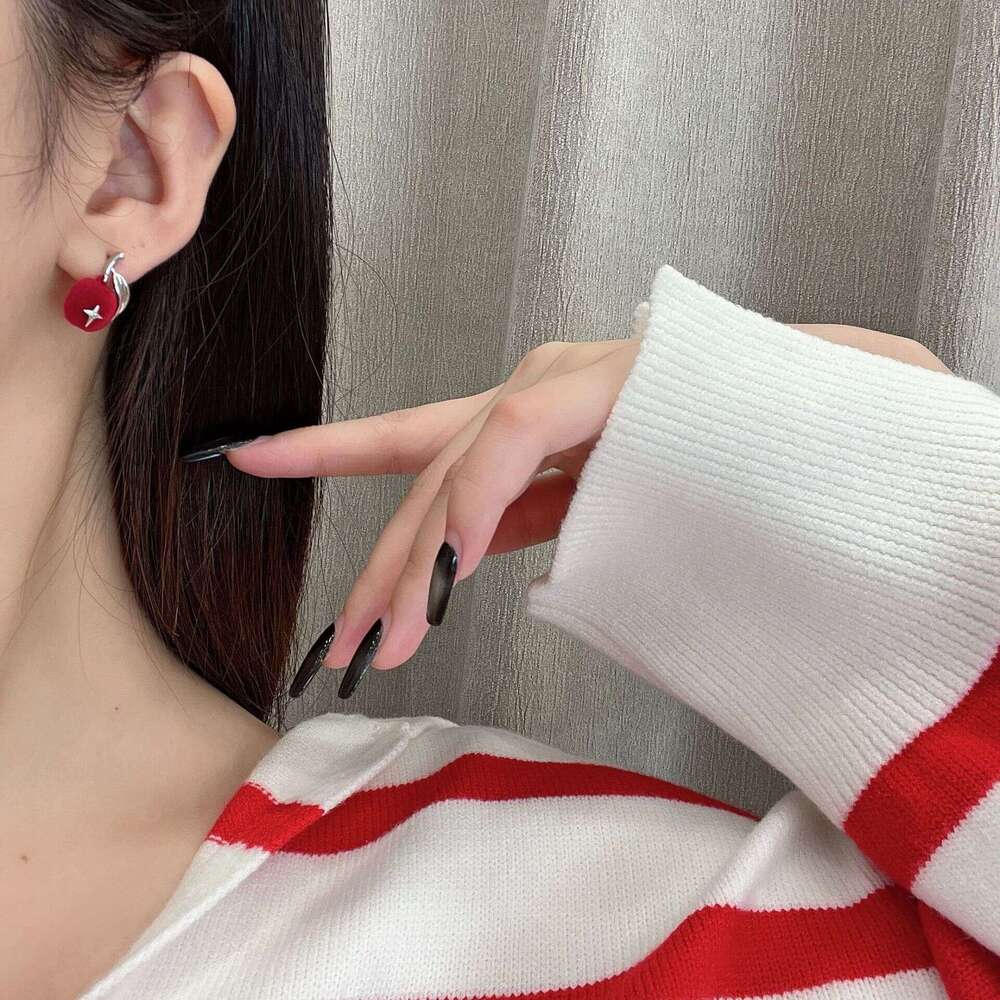 Flocked Ancora Red Apple Autumn Winter Cute Sweet Fun Design Elegant Versatile New Year Earrings 171