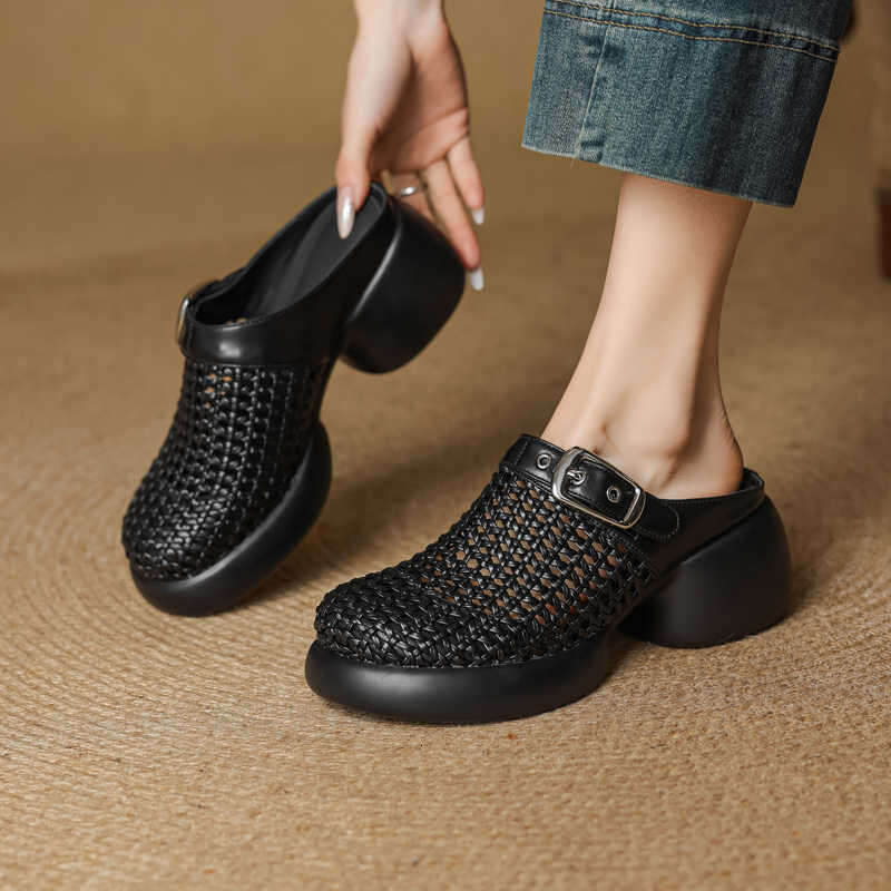 Genuine Leather Closed-Toe Half Slippers Woven Women's Casual Outdoor 2025 Summer New Fashion Sandals Platform Thick Sole Mesh Shoes