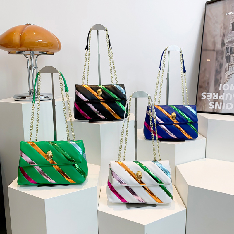 2024 Summer New Women's Color Block Patchwork Chain Simple Fashion Single Shoulder Crossbody Eagle Head Bag ddmymoon