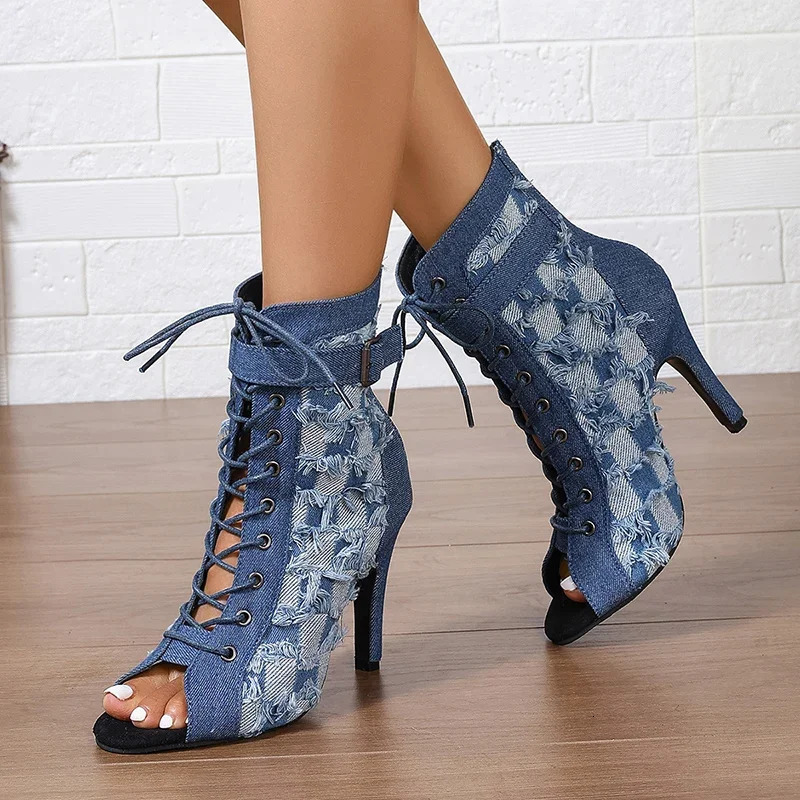 Denim Women Peep Toe Ankle Boots Fashion Elegant Breathable Shoes High Heel Autumn Womens Morder Short Booties 250729