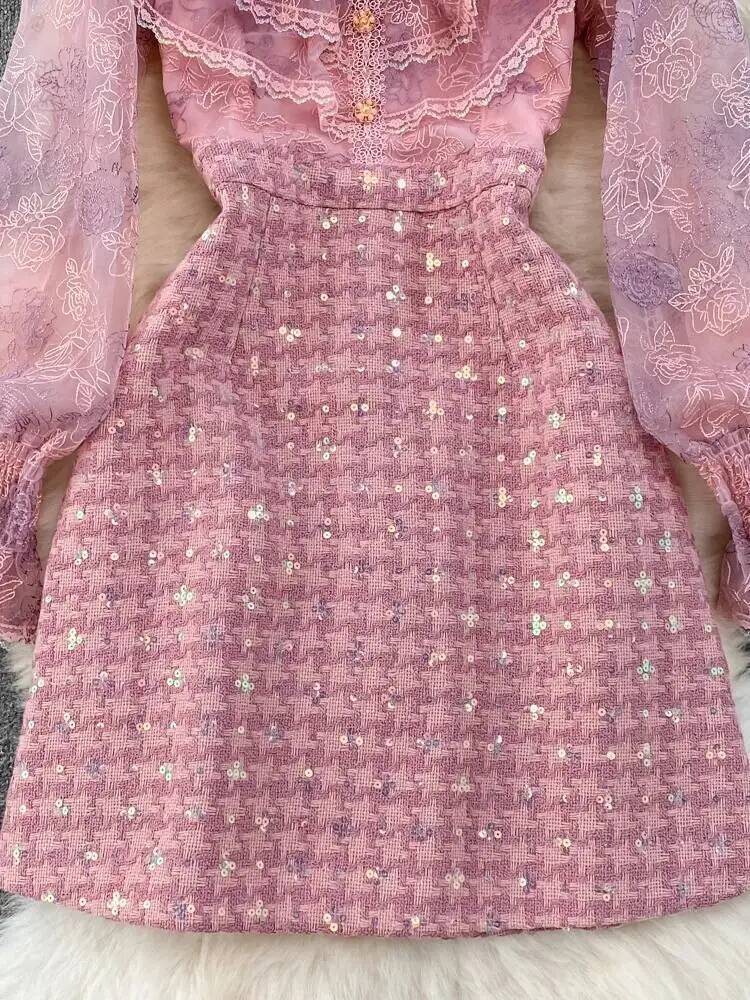 Autumn Flower Embroidery Mesh Patchwork Sequined Tweed Dress Women Ruffled Petal Sleeve Bow A Line Short Party Dresses dongdumaoyi