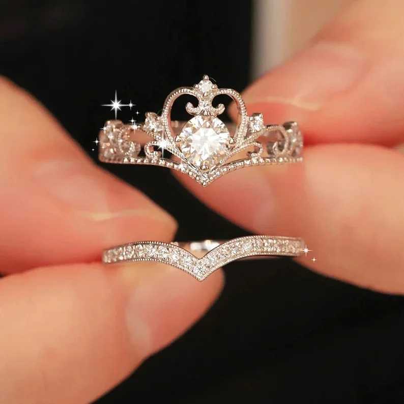 2PCS Stainless Steel Crystal Crown Adjustable Ring Irregular Geometry Vintage Rings Set for Women Girls New Fashion Jewelry Gift y250730