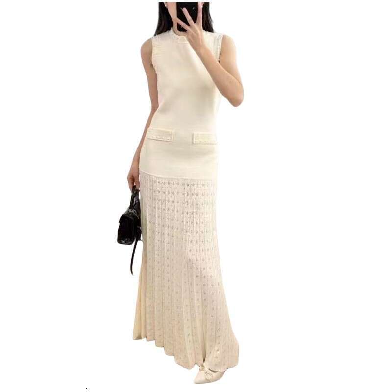 2025 Spring Summer Elegant Socialite Pearl Decorated Round Neck Sleeveless Knitted Slim Long Dress