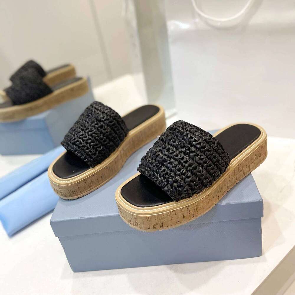 Women Size35-42 Weaving Slippers Flat Platform Summer Slides Leisure Solid Color Flats Designer Shoes Zapatillas De Mujer fbb