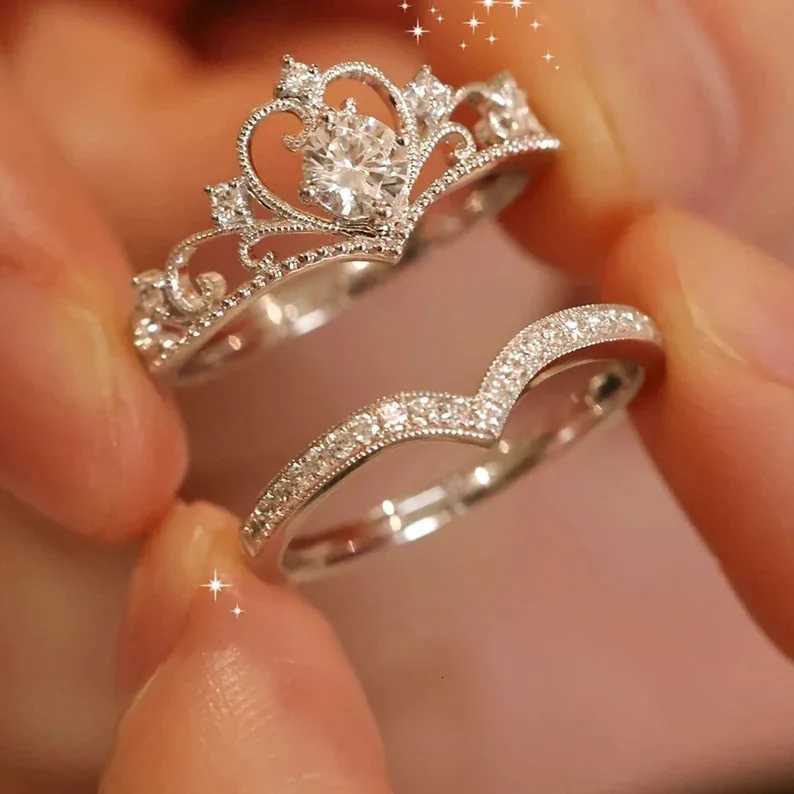 2PCS Stainless Steel Crystal Crown Adjustable Ring Irregular Geometry Vintage Rings Set for Women Girls New Fashion Jewelry Gift y250730