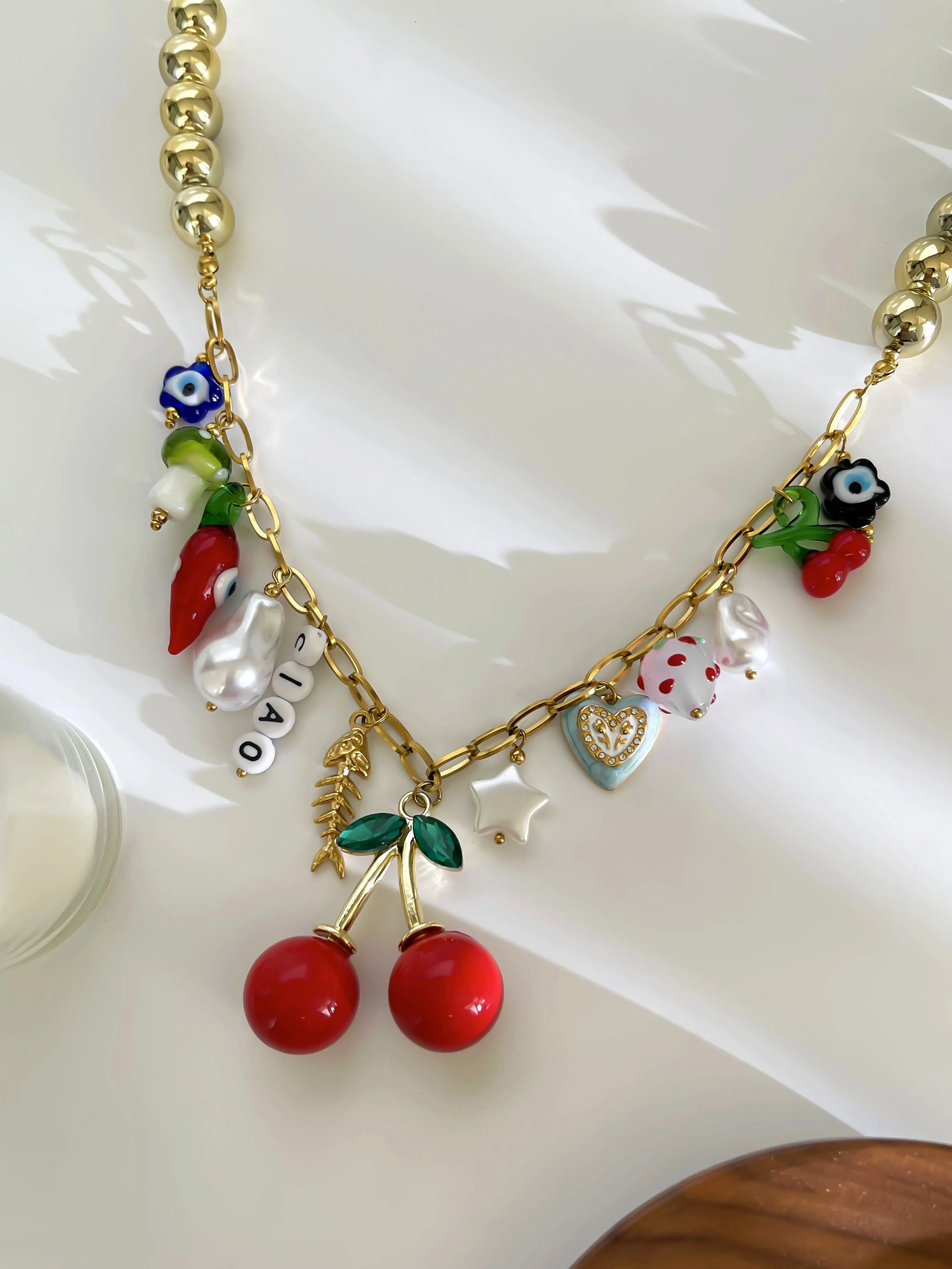 GHIDBK Statement Creative Stainless Steel Colored Enamel Glass Pearl Charm Pendant Necklace for Women CCB Metal Beads 250729