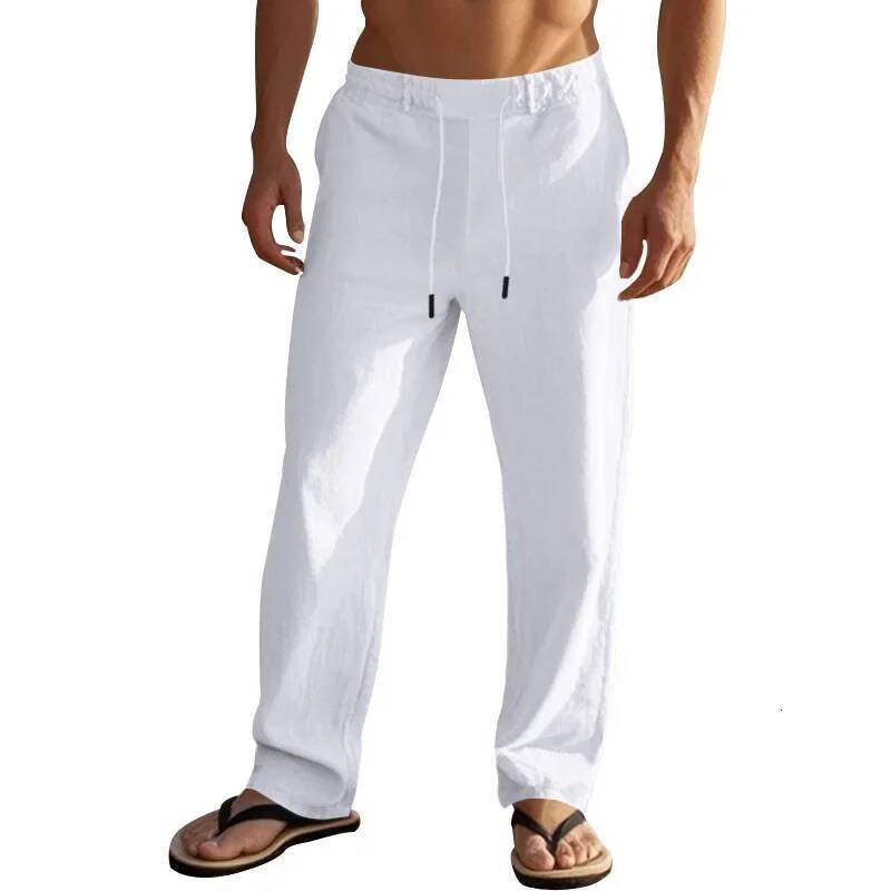 2024 drawstring men's simple fashion solid color casual cotton and linen straight trousers