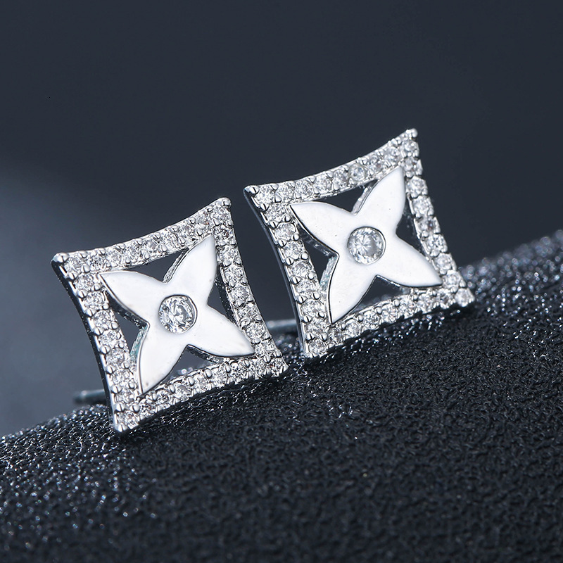 Simple Elegant Socialite Sweet Square Floral Zircon Copper Earrings Jewelry e7644