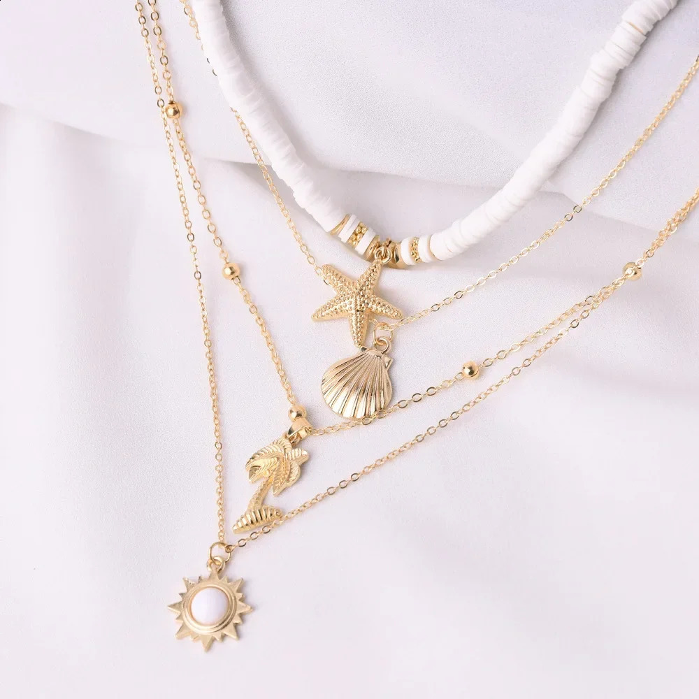 Fashion Bohemia Soft Clay Shell Star Sun Pendant Chain Layered Necklace for Women Girls Summer Beach Simple 250716