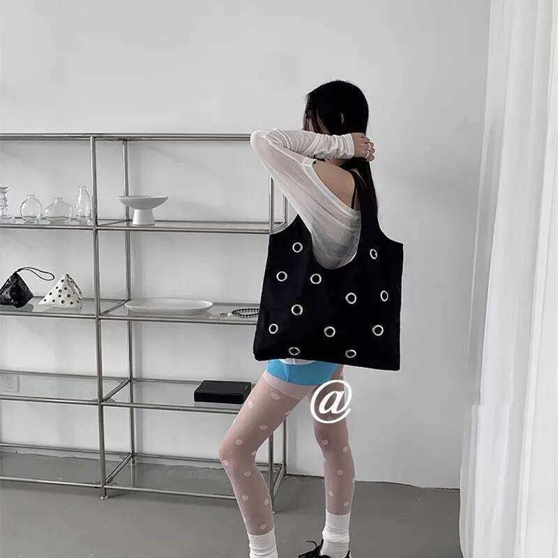 Fashion Hollow Rivet Large Capacity Tote Bag Hobos Women Handbags Soft Nylon Shoulder Bags Trend Big Shopper Purses