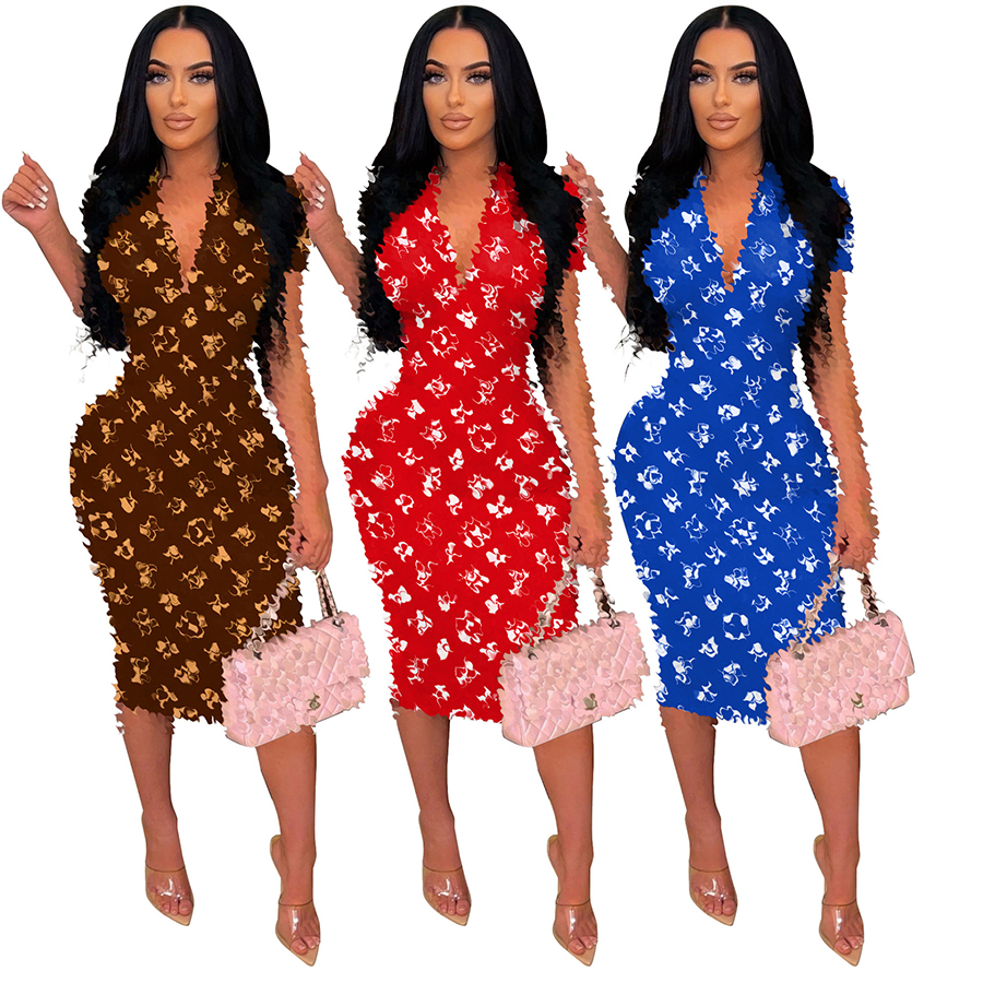 Designer dress Outfits For Woman Casual Printed Deep V Hidden Zipper Short Sleeve Dress womens designer clothing Size S-XXL