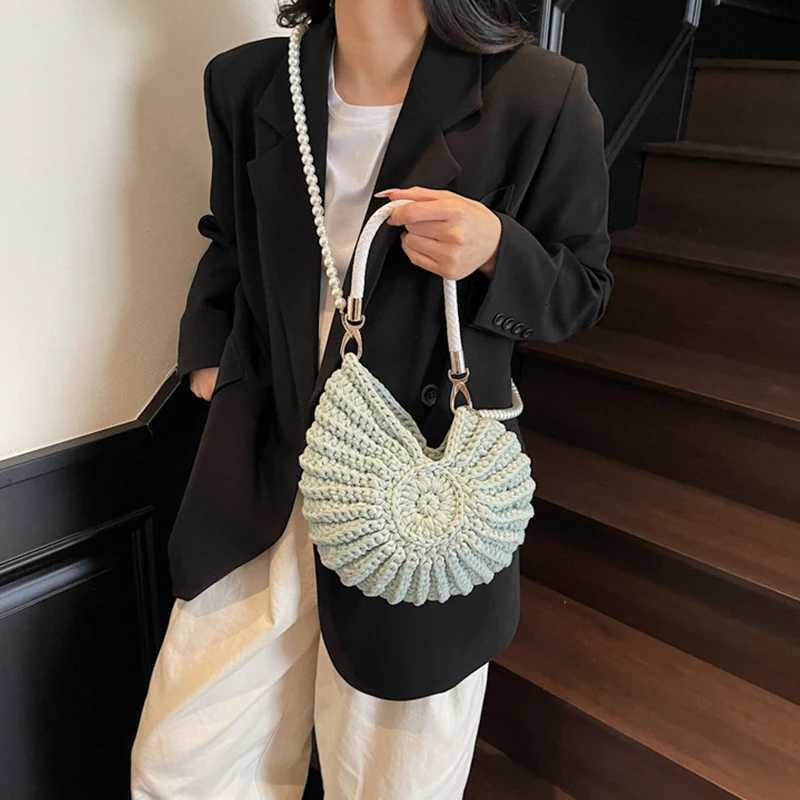 Conch Shell Knit Crochet Crossbody Shoulder BagPearl Chain Handmade Woven Women Sling BagElegant Delicate Cute Compact Purse Y250730