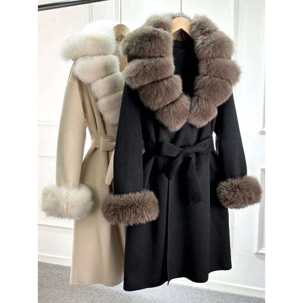 Designer Clothing Janveny 2025 New Fashion Autumn Winter Jacket Women Long Woolen Blend Cashmere Coat Belt Big Real Fox Fur Collar Warm Streetwear Fas