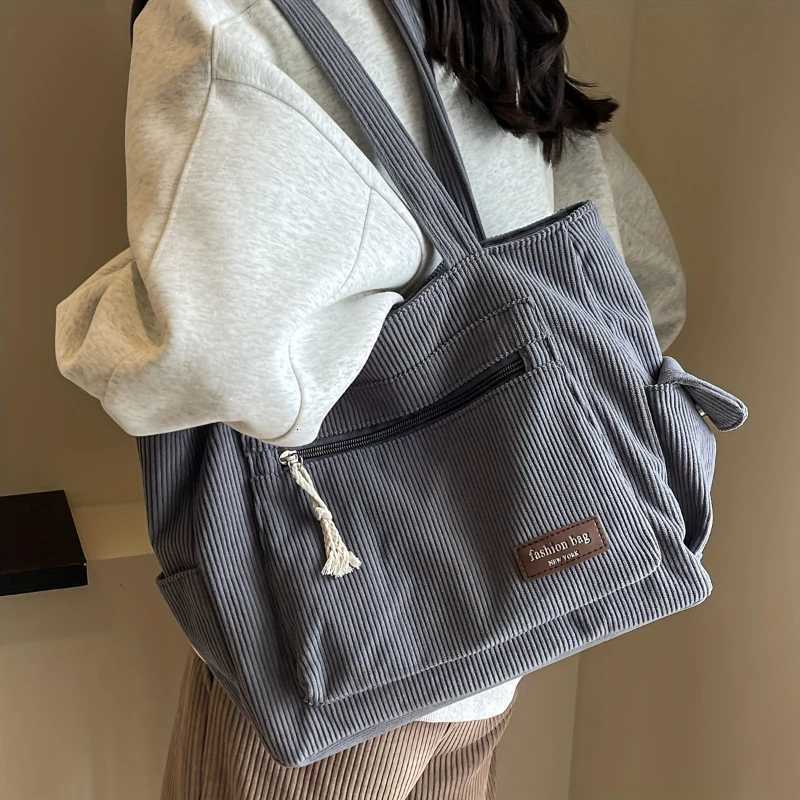 Simple Corduroy Tote Bag Solid Color Shoulder Bag Multi Pockets Handbag For School Work Shopping Y250730