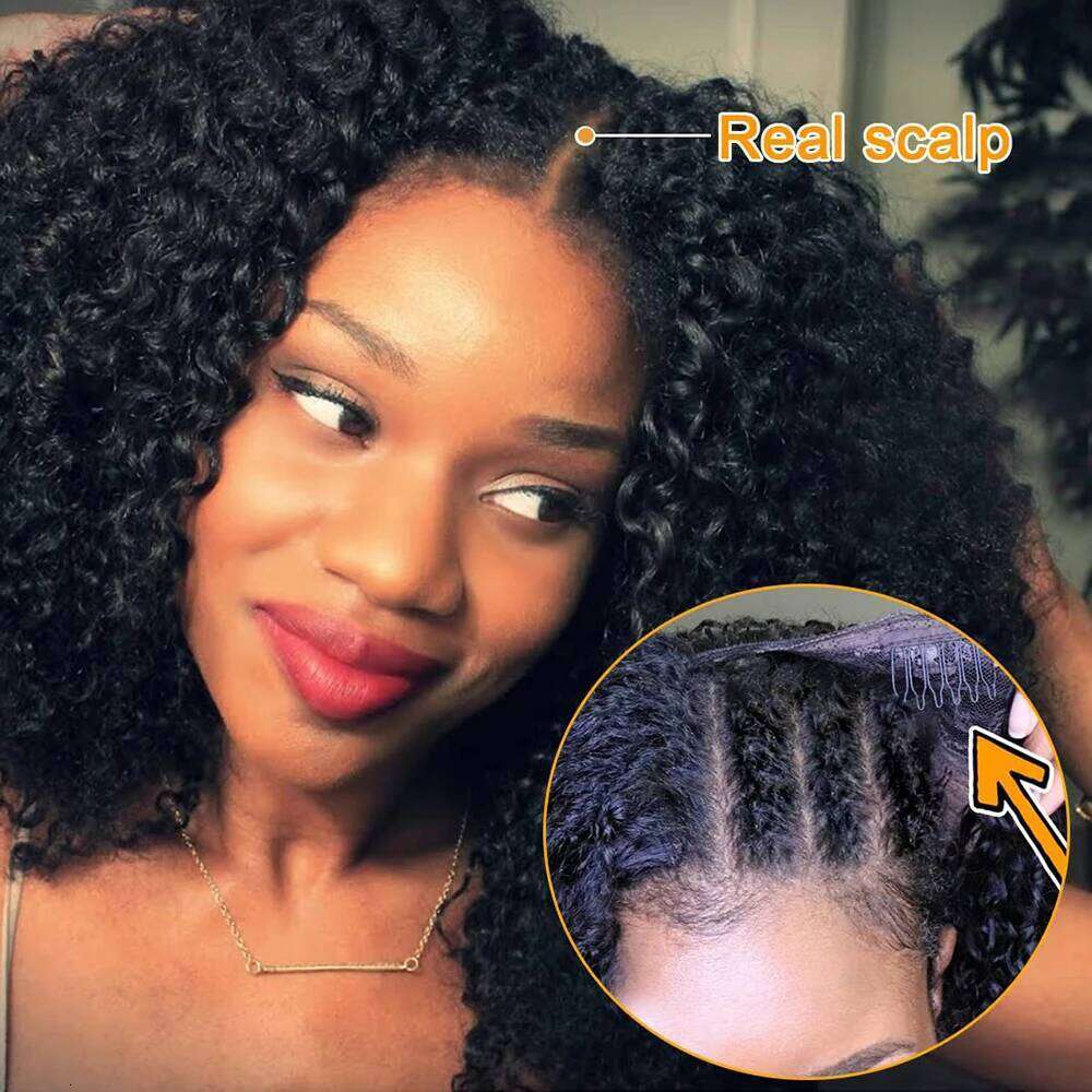 Kinky V Leave Out No Glue Brazilian Deep Curly Wave U Part Human Hair Wig for Women 180% Density